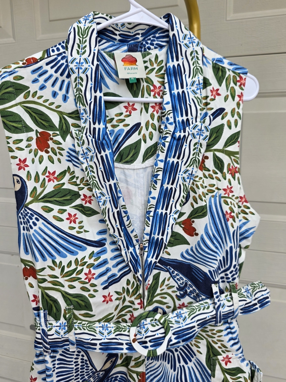 Farm Rio Macaw Flight jumpsuit with blue and green tropical birds - Picture 5 of 12